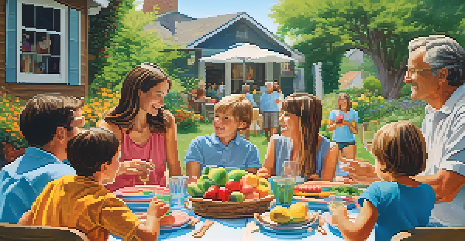 A multi-generational family enjoying a picnic in a bright backyard, with children playing and adults conversing.