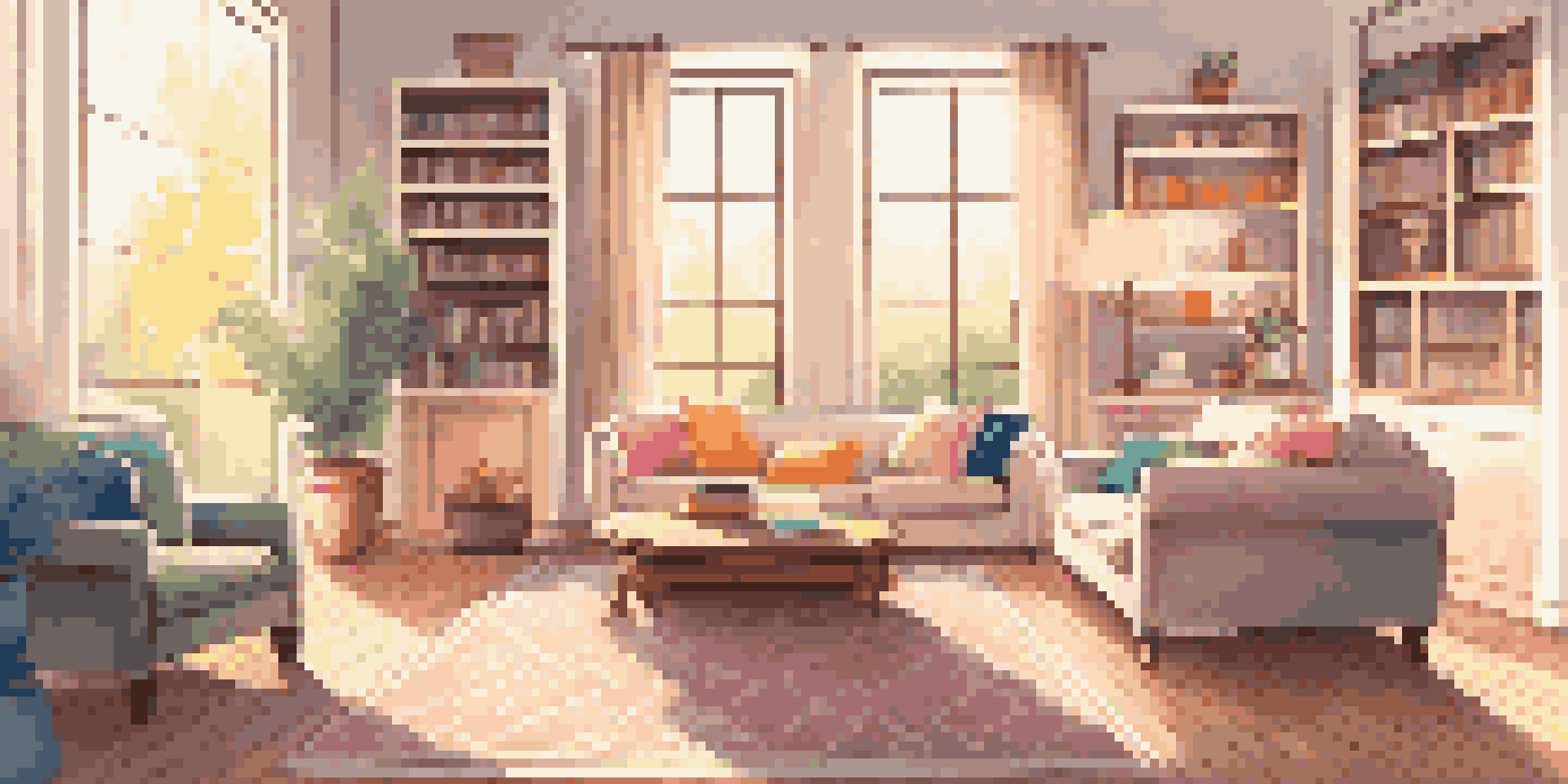 A bright and cozy living room filled with natural light, featuring a sofa, coffee table, and bookshelf.