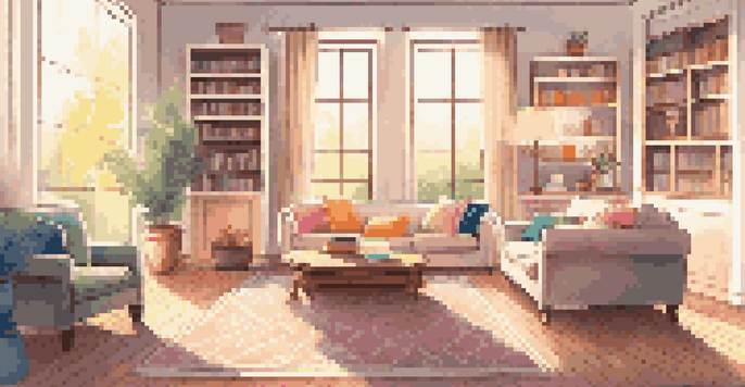 A bright and cozy living room filled with natural light, featuring a sofa, coffee table, and bookshelf.