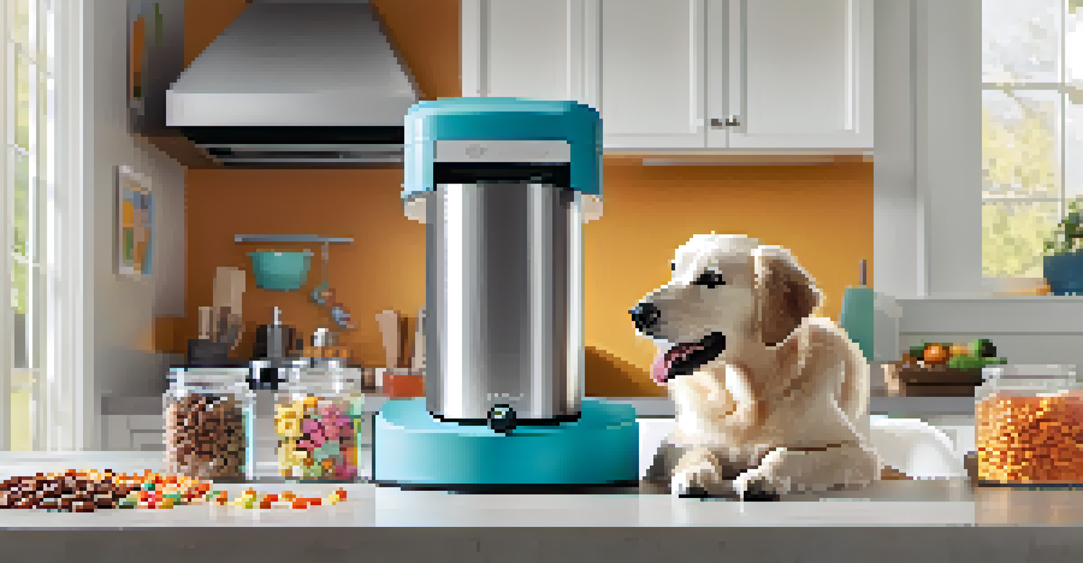 A dog looking at a smart treat dispenser in a bright kitchen.