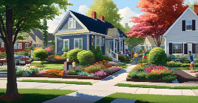 A peaceful suburban neighborhood where residents are participating in a disaster preparedness workshop, surrounded by flowers and sunlight.