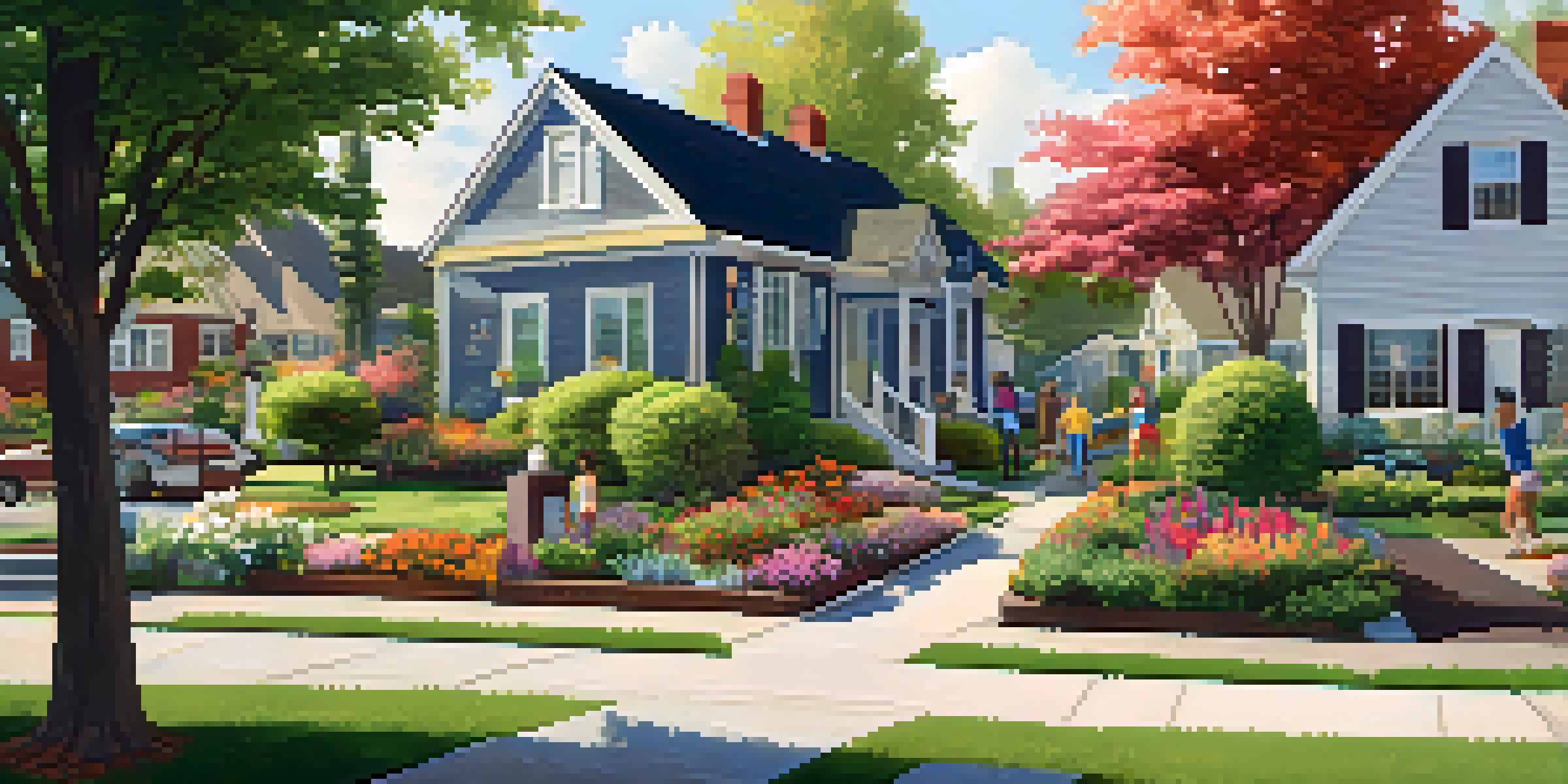 A peaceful suburban neighborhood where residents are participating in a disaster preparedness workshop, surrounded by flowers and sunlight.