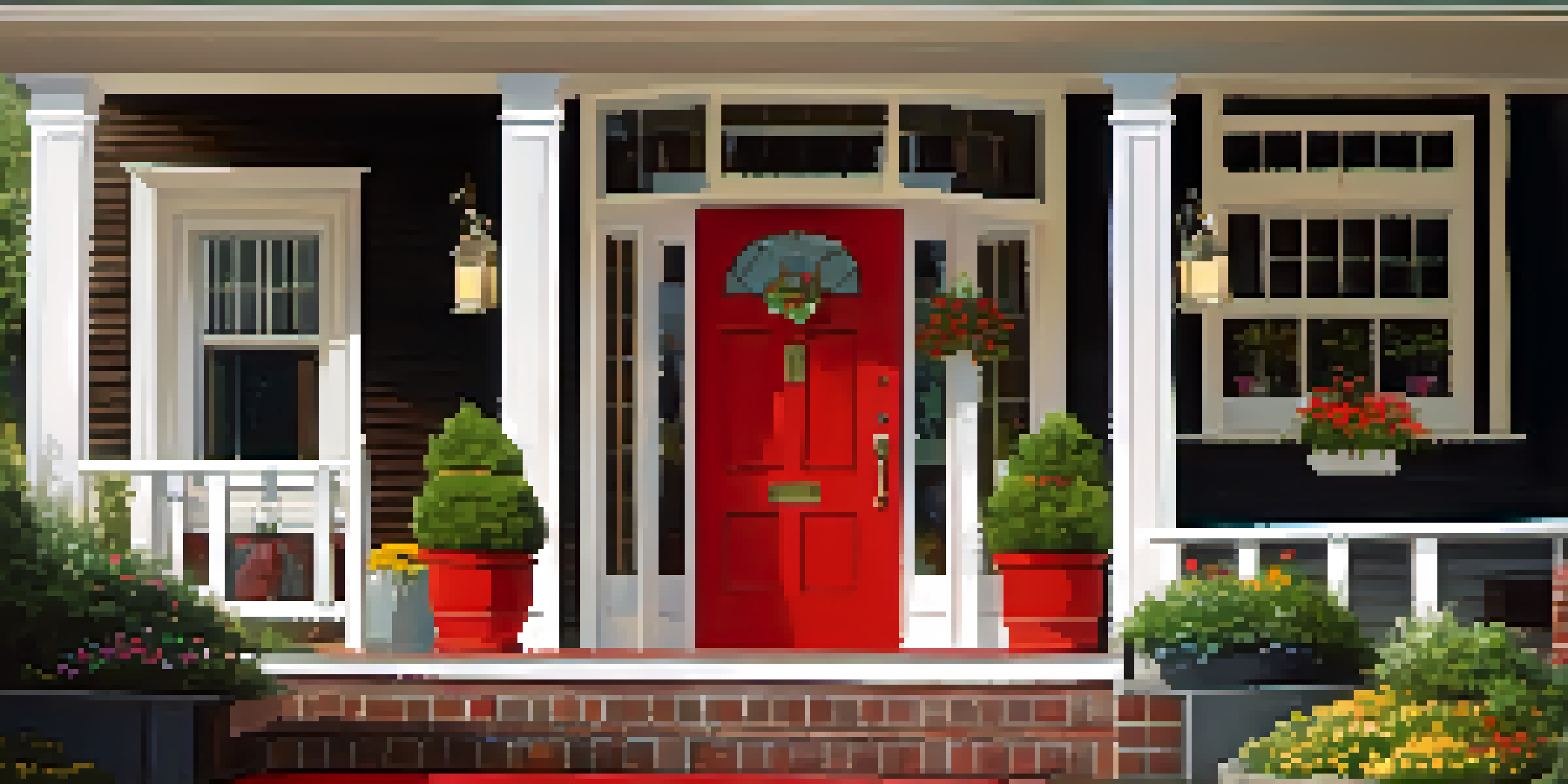 A bright red front door on a cozy porch with colorful flowers and a cheerful doormat.