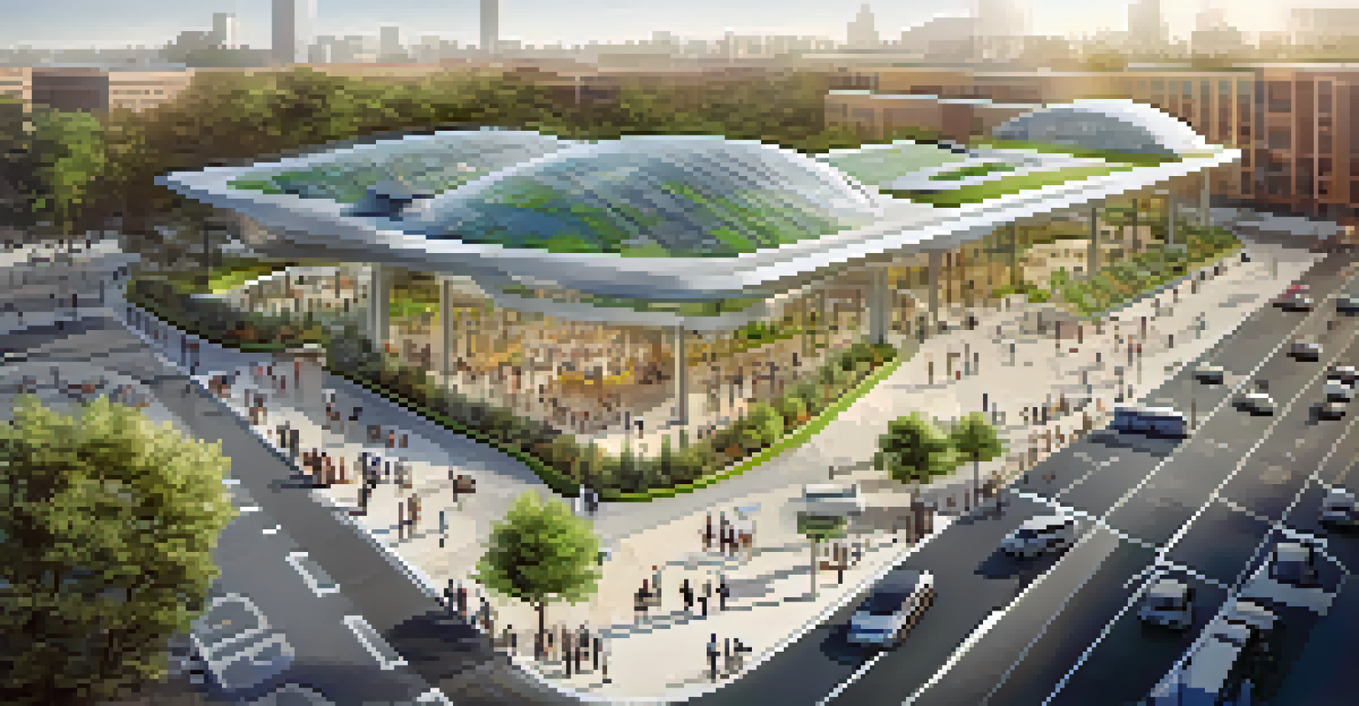 An aerial view of a busy transport hub with electric buses, bicycles, and pedestrians, surrounded by green spaces in a modern city.