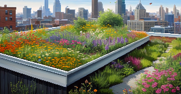 A green roof garden filled with colorful wildflowers and lush plants, with an urban skyline in the background under a clear blue sky.