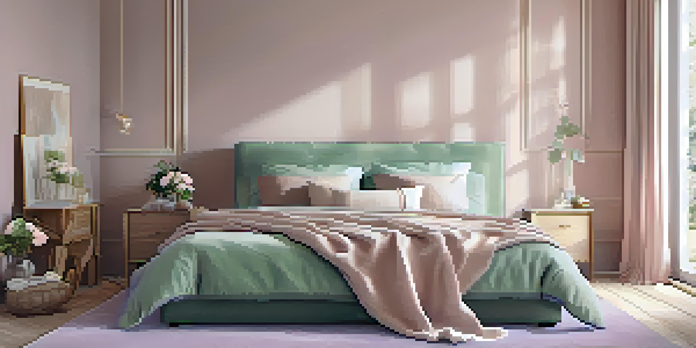 An elegant bedroom with pastel pink walls, lavender bedding, and mint cushions, creating a serene atmosphere.