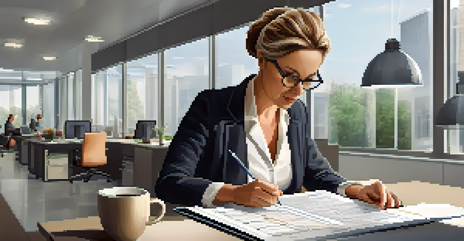 An inspector, a middle-aged woman, reviewing a completed checklist in a bright office setting with a laptop and coffee cup on the desk.
