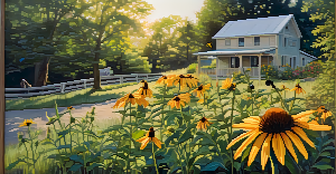 A colorful garden filled with native flowers, a bird feeder, and butterflies, illuminated by warm afternoon sunlight.