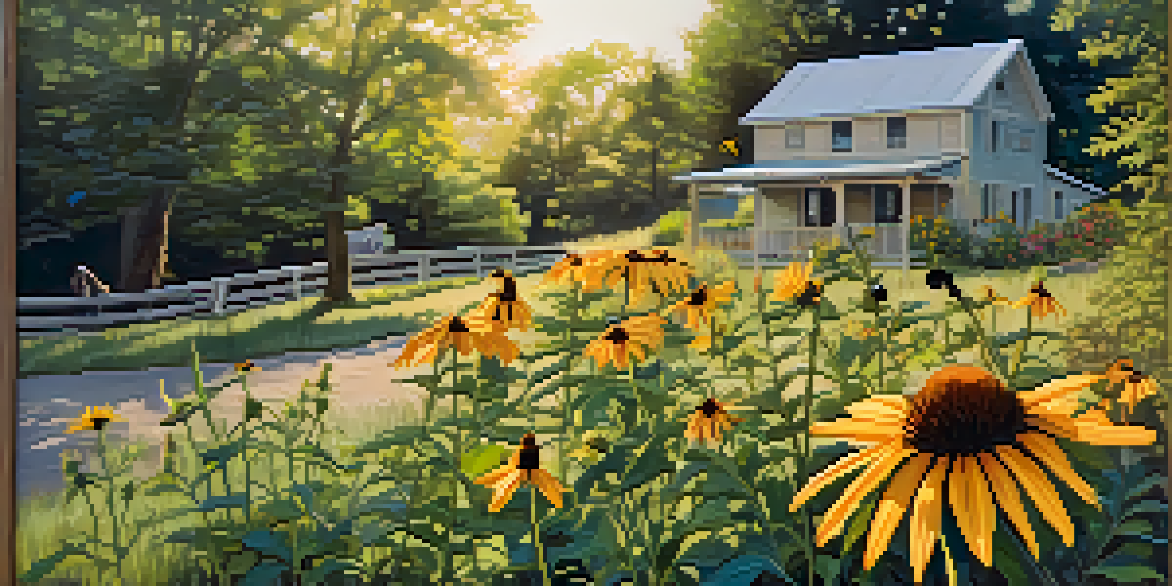 A colorful garden filled with native flowers, a bird feeder, and butterflies, illuminated by warm afternoon sunlight.