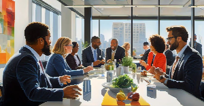 A lively networking event with diverse real estate professionals interacting in a bright conference room.