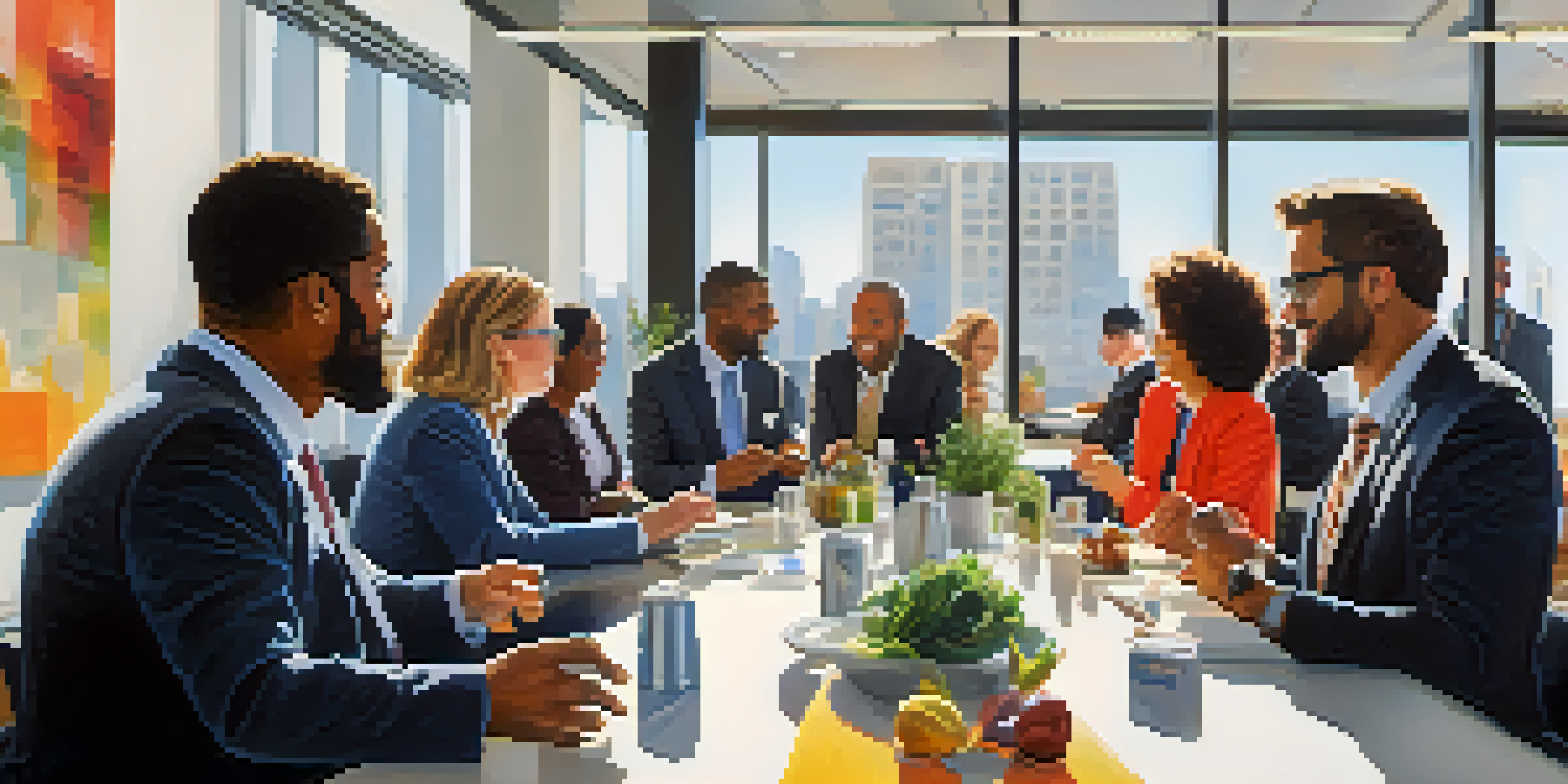 A lively networking event with diverse real estate professionals interacting in a bright conference room.