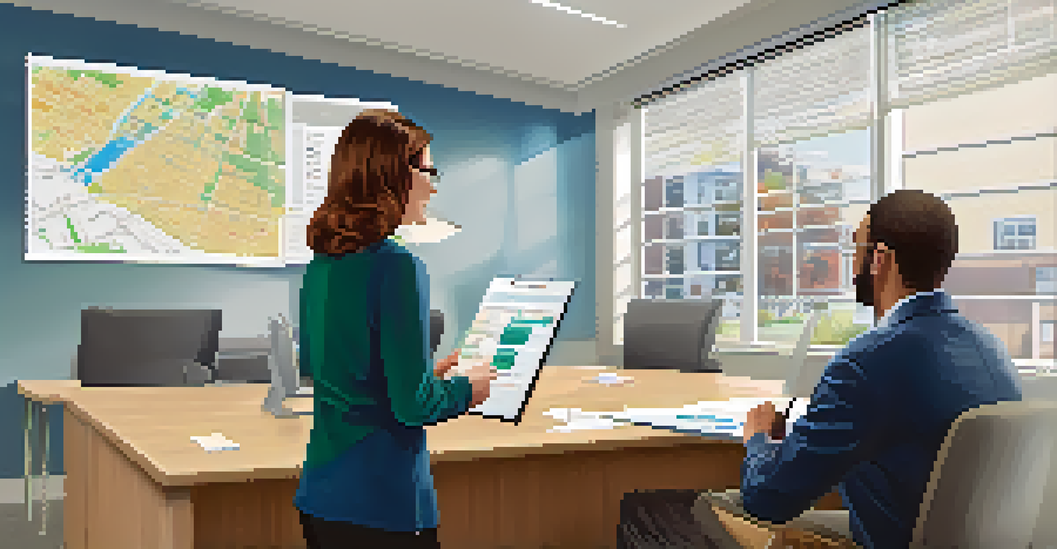 A local government office where an assessor explains property values to a homeowner, with charts and maps in the background.