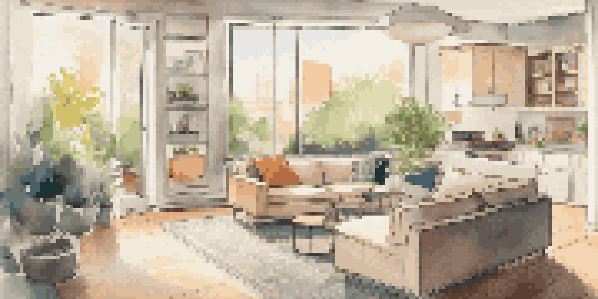 A modern living room showcasing smart home devices like a security camera, smart doorbell, and smart lock, with cozy lighting and a view of a garden.