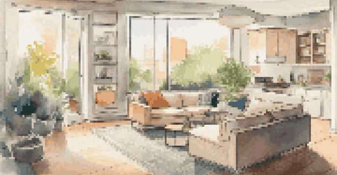 A modern living room showcasing smart home devices like a security camera, smart doorbell, and smart lock, with cozy lighting and a view of a garden.