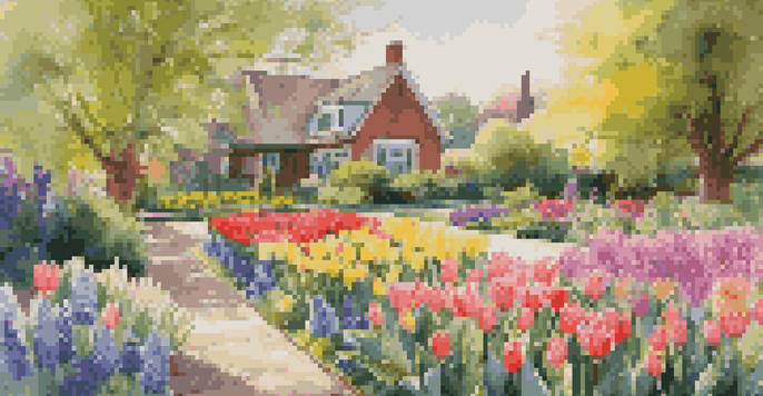 A bright and colorful spring garden with blooming tulips and hyacinths, featuring a wooden walkway among lush greenery.