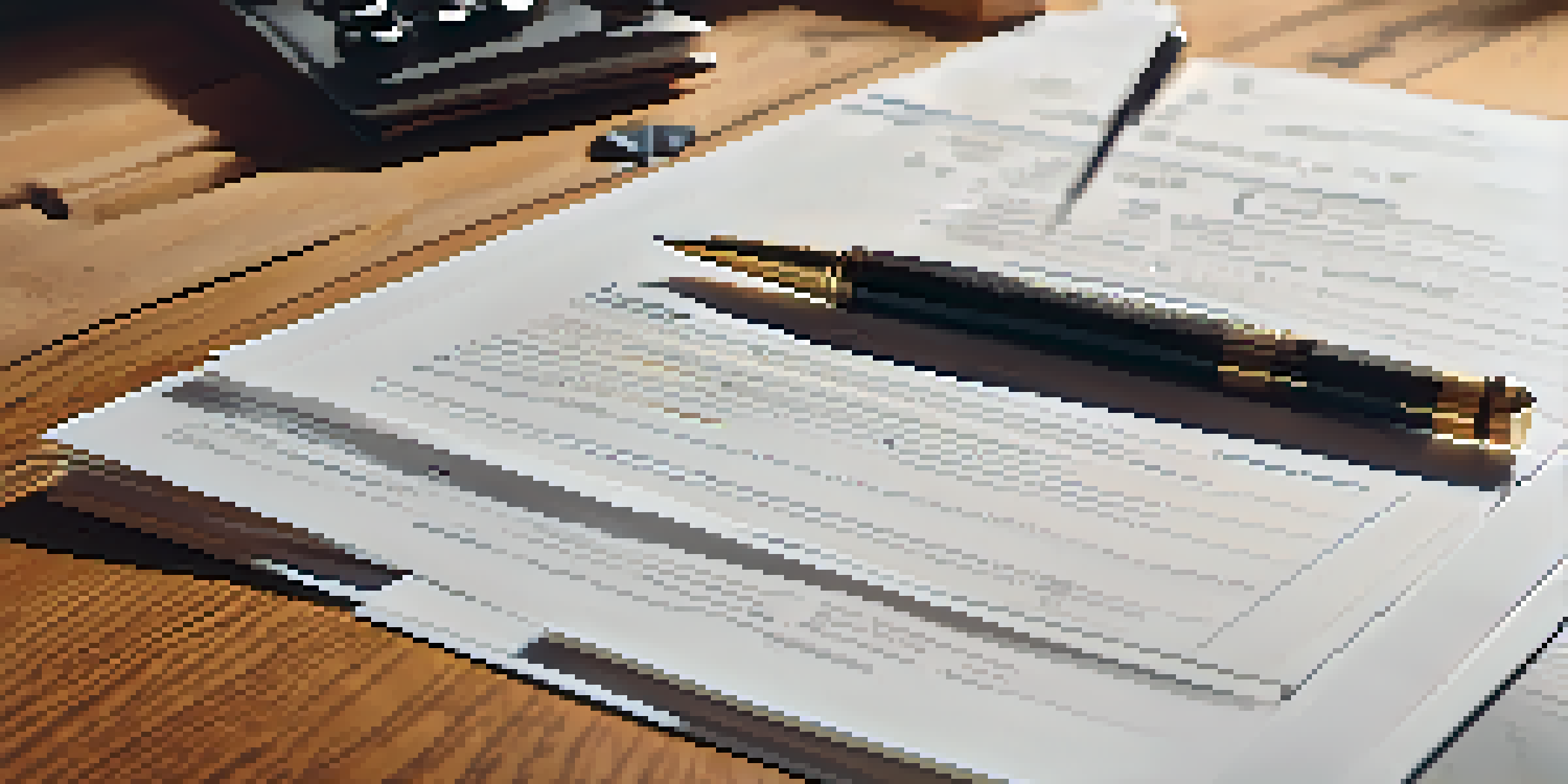 A close-up view of a Scope of Work document on a wooden desk, with natural light highlighting the paper and wood textures.