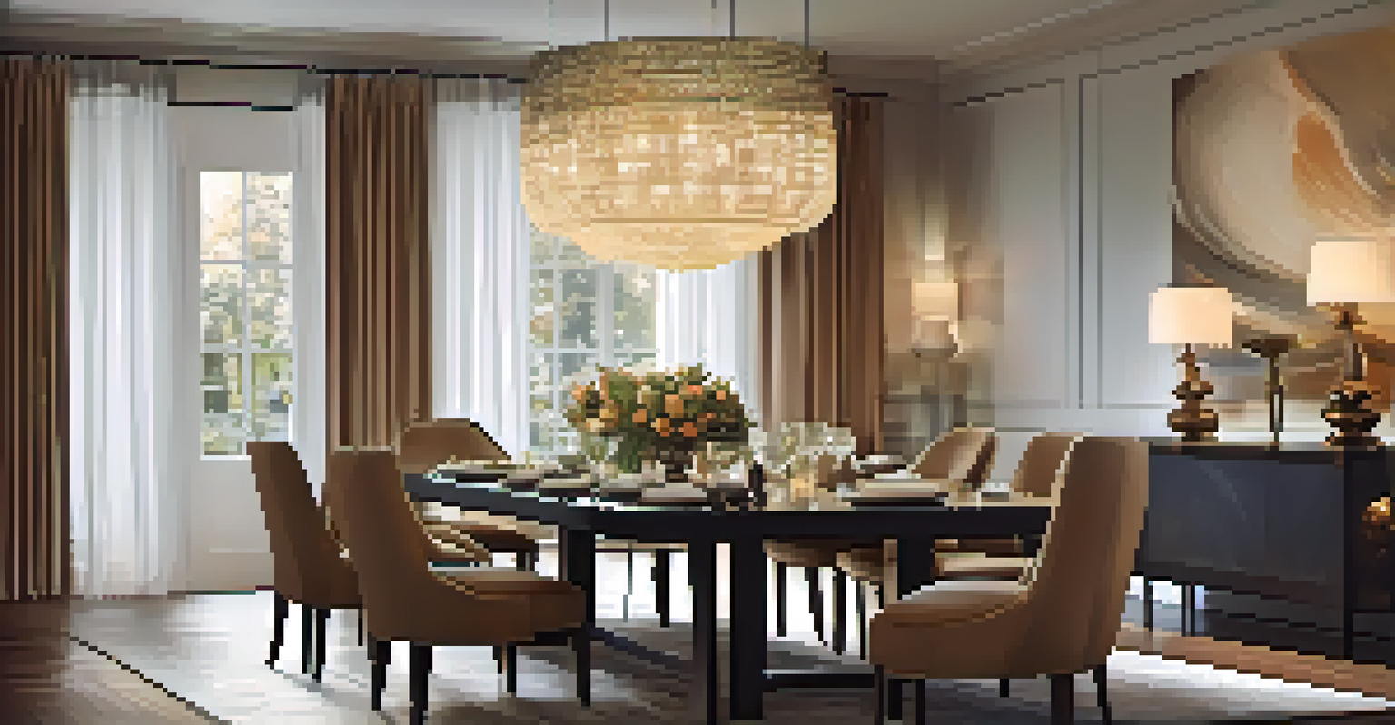 A sophisticated dining room with dimmed lighting, a stylish table setting, and elegant decor.