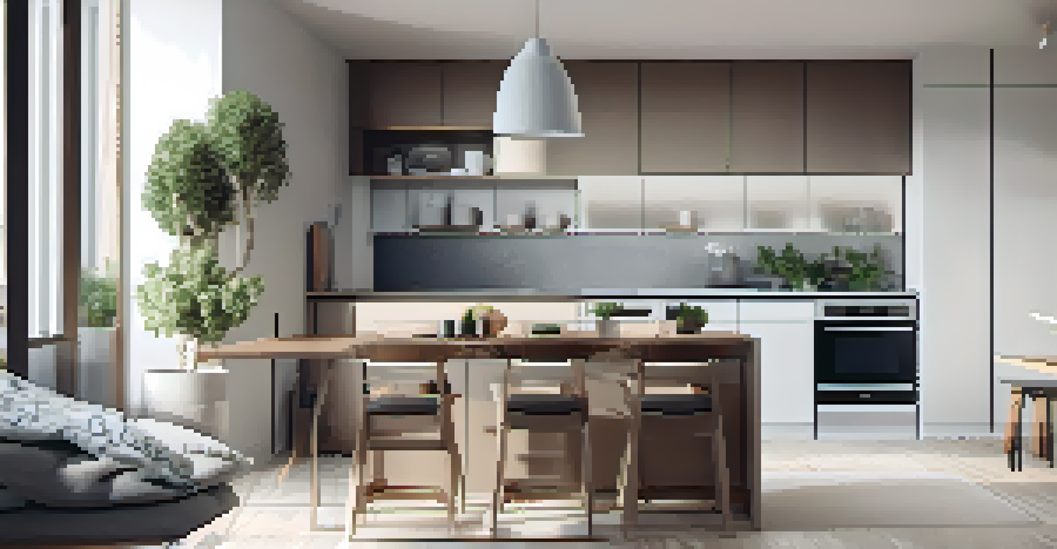 A modern small kitchen featuring compact appliances and a foldable dining table, designed efficiently with a light color scheme.