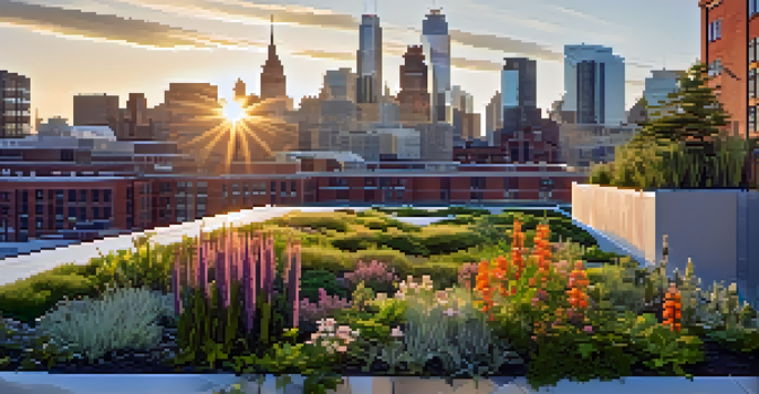 A green roof covered with diverse plants and flowers on a modern building, with a city skyline in the background.