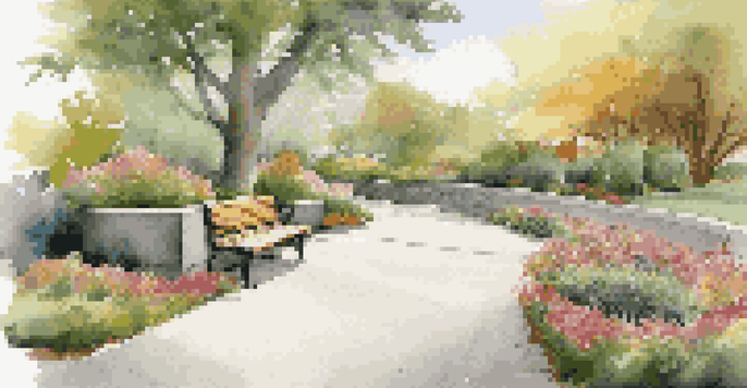 A smooth, accessible outdoor pathway surrounded by vibrant flowers and greenery, leading to a shaded bench for resting.
