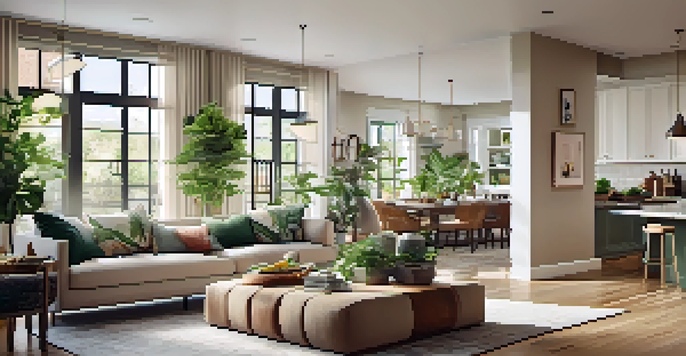 A bright and inviting open concept living space with a kitchen, dining area, and living room filled with natural light, showcasing warm wooden floors and modern furniture.