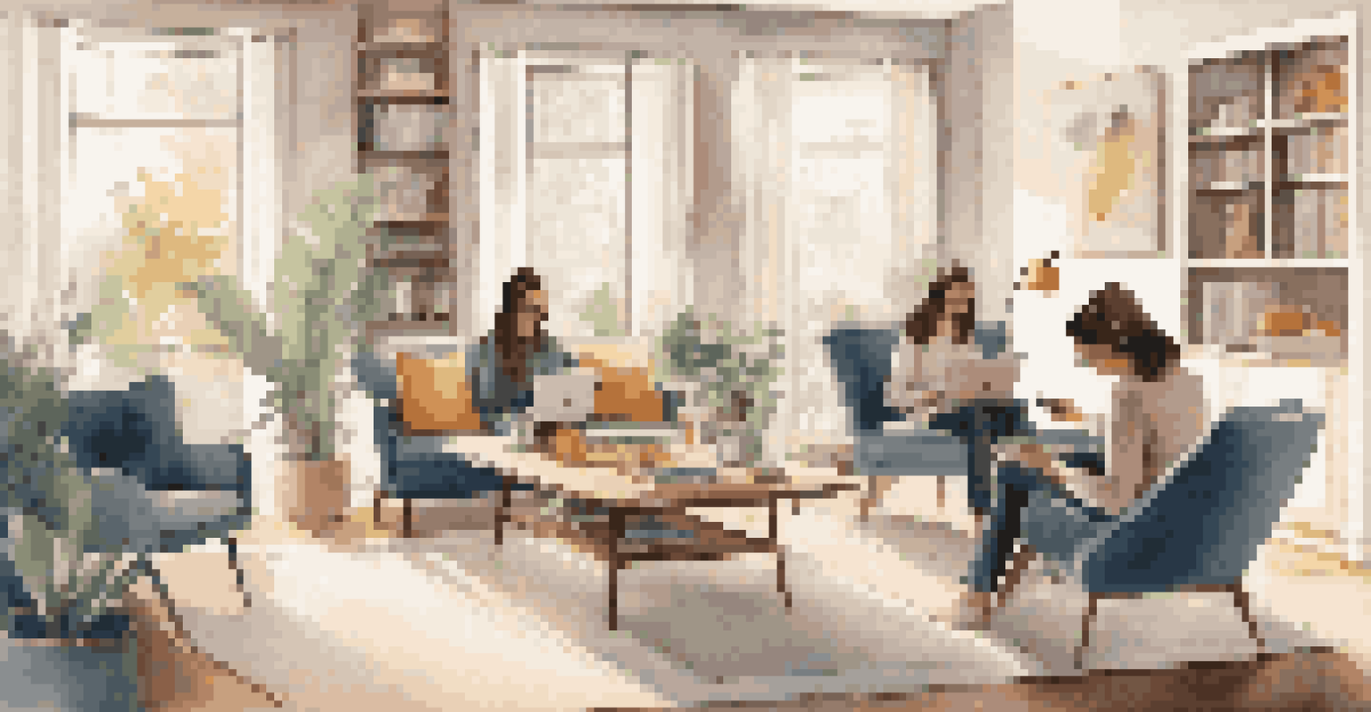 A family in a stylish living room, with one parent working on a laptop and children playing nearby.