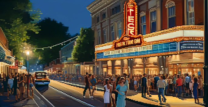 A historic theater with ornate architecture, glowing marquee lights, and a vibrant street festival filled with people and colorful banners.