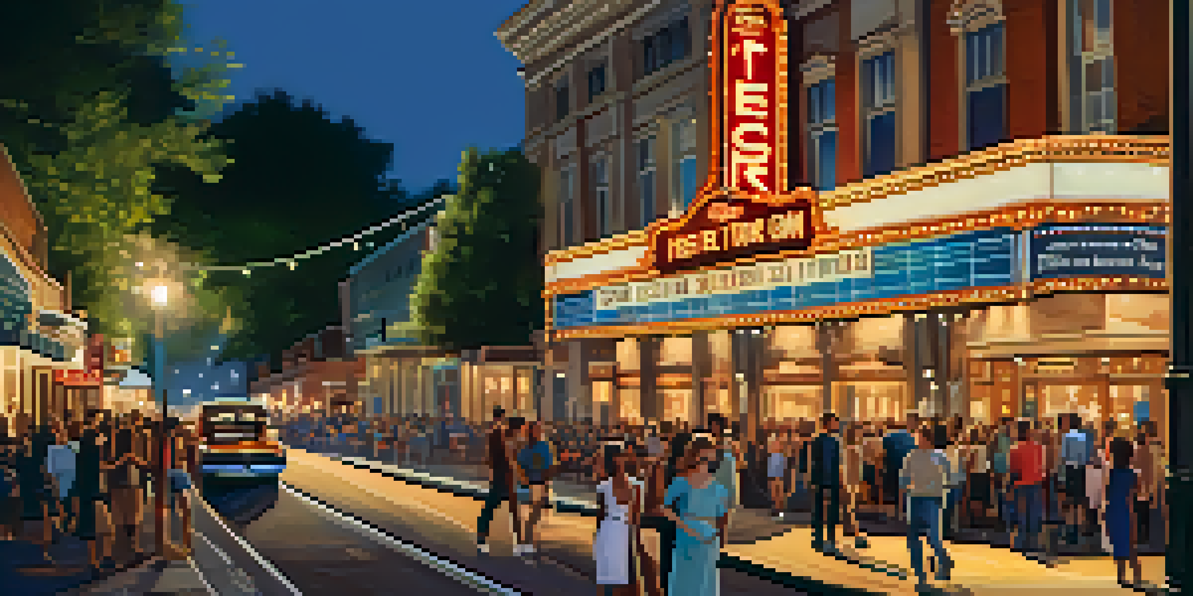 A historic theater with ornate architecture, glowing marquee lights, and a vibrant street festival filled with people and colorful banners.
