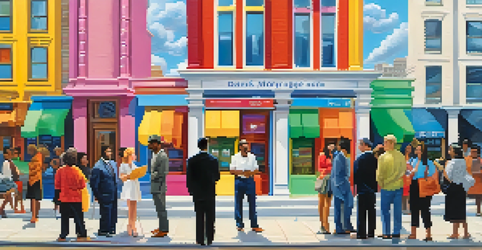 A diverse group of people in front of bank buildings, showcasing different mortgage rates under a blue sky.