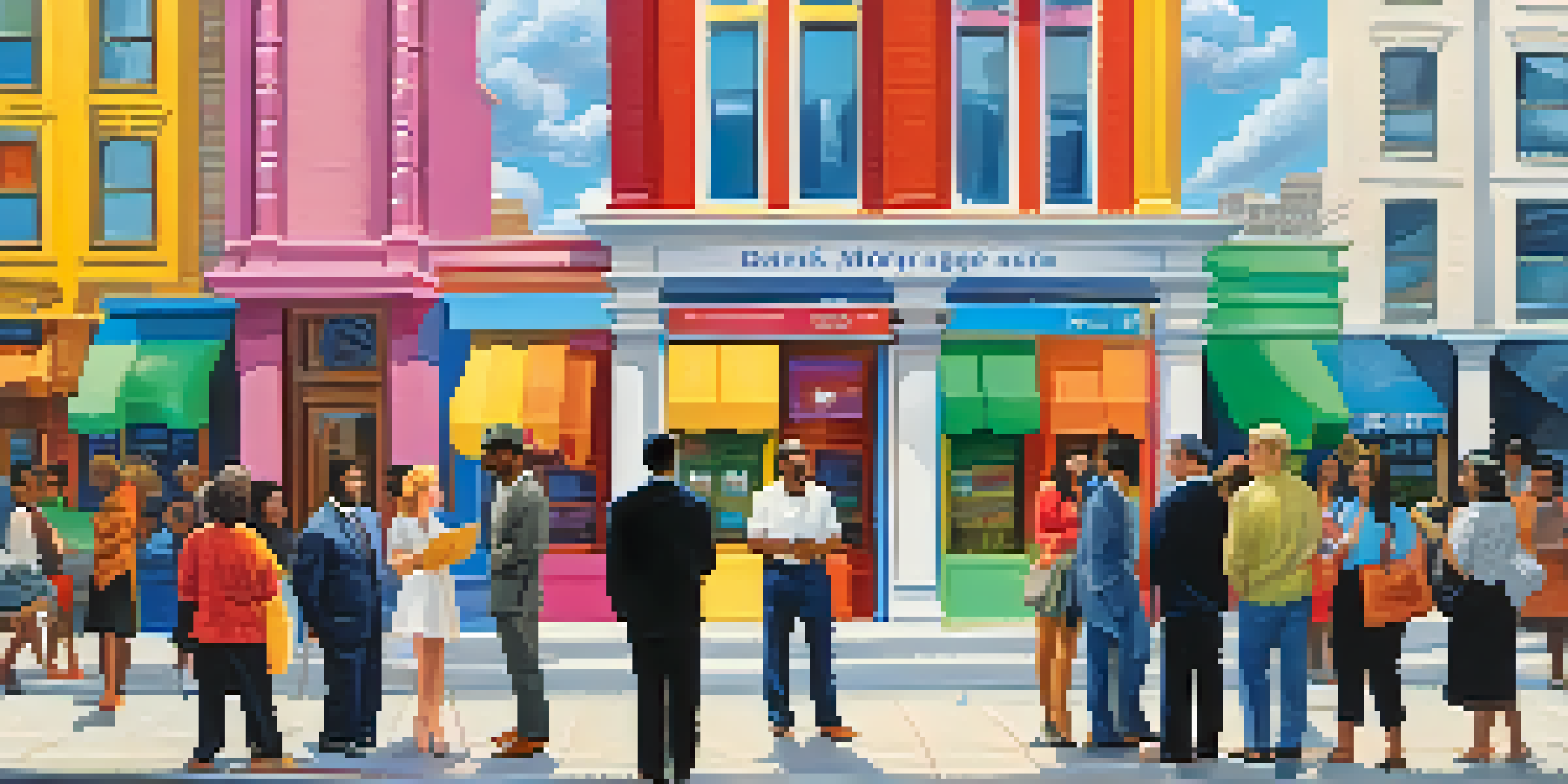 A diverse group of people in front of bank buildings, showcasing different mortgage rates under a blue sky.