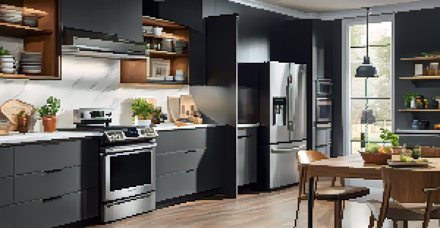 A modern kitchen equipped with smart devices like a refrigerator and coffee maker, showcasing the benefits of home automation in a sleek environment.