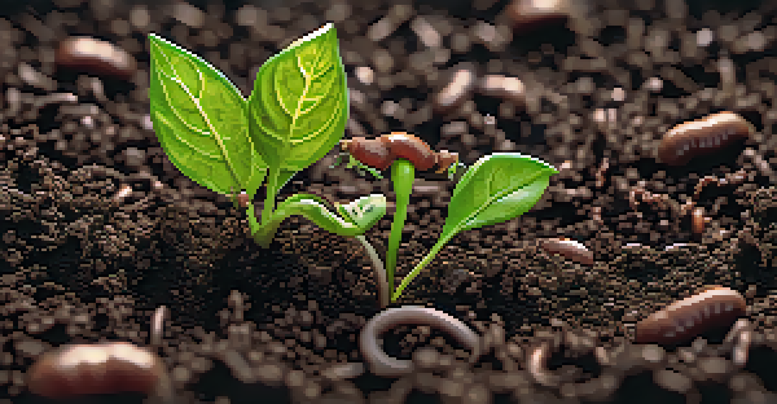 A close-up of rich, healthy soil filled with compost and emerging green seedlings, illuminated by soft light.