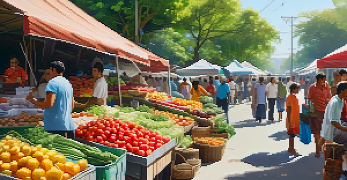 A lively local market filled with colorful stalls and people interacting under a clear blue sky.