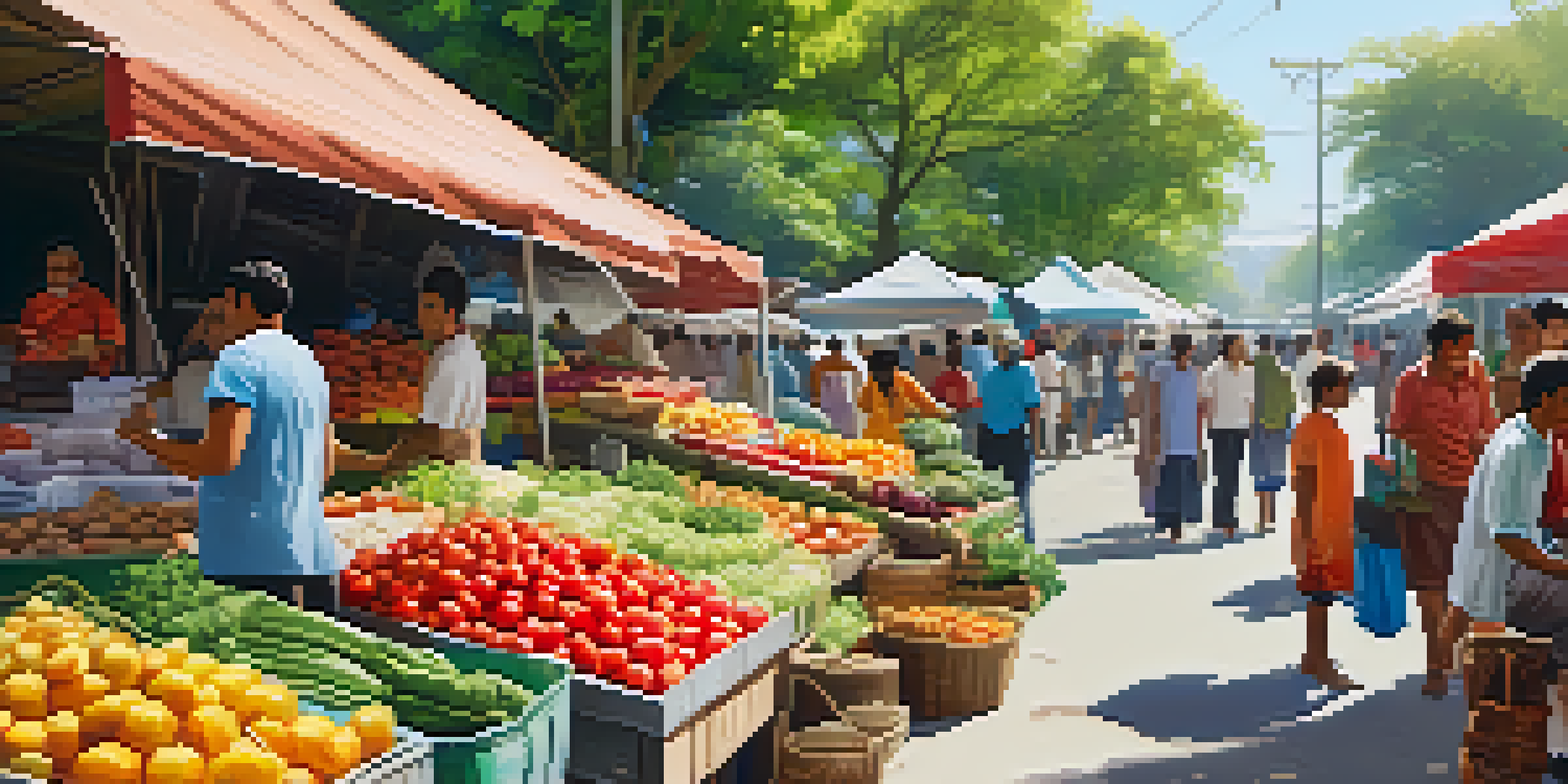 A lively local market filled with colorful stalls and people interacting under a clear blue sky.