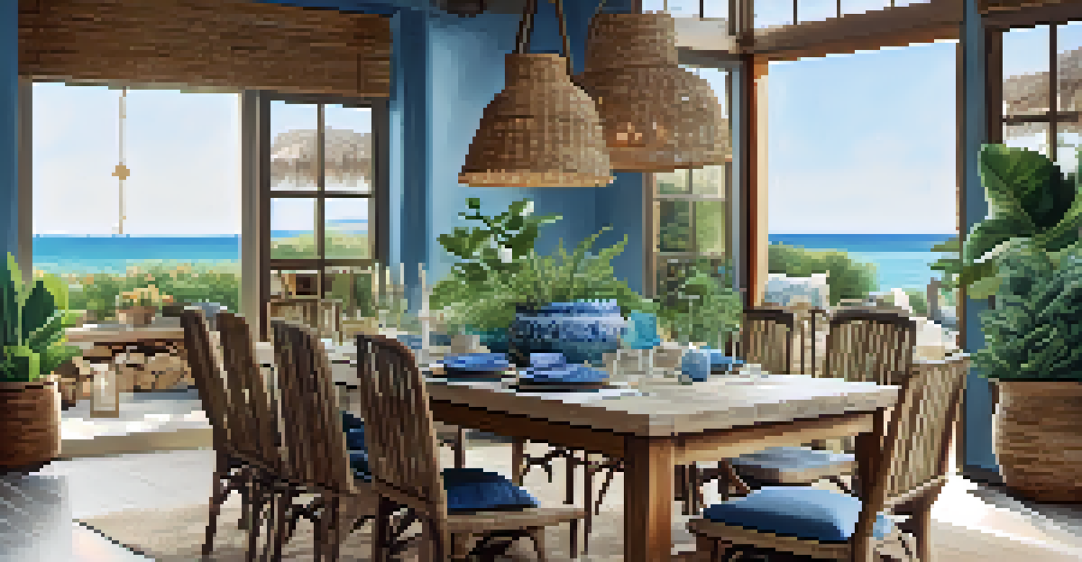 An elegant dining space with reclaimed wood furniture, coastal colors, and greenery, set for a meal with handmade pottery.