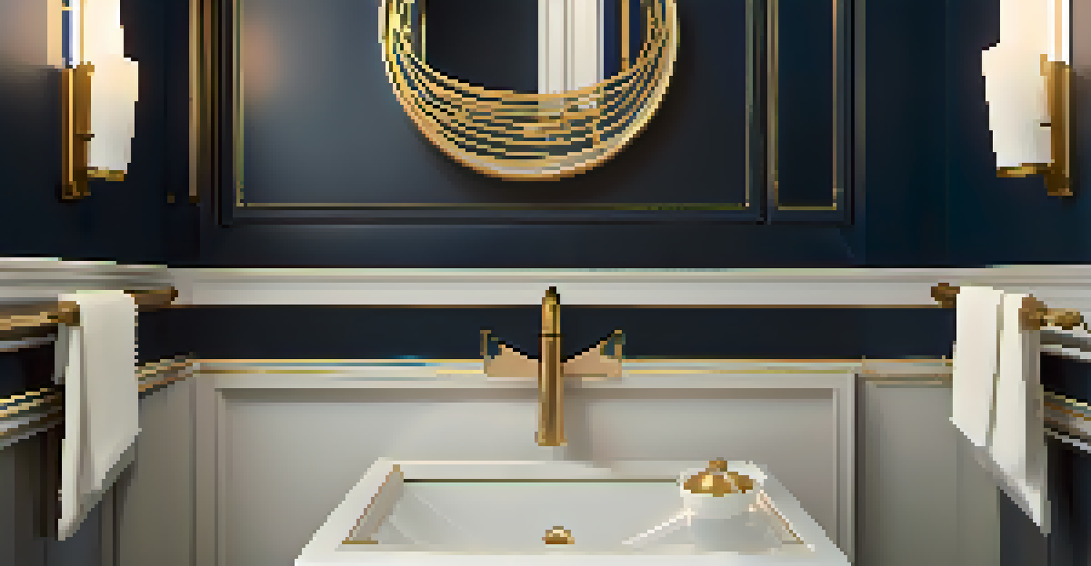 An elegant half-bathroom with a pedestal sink, decorative mirror, and blue and gold accents, designed for guest comfort.