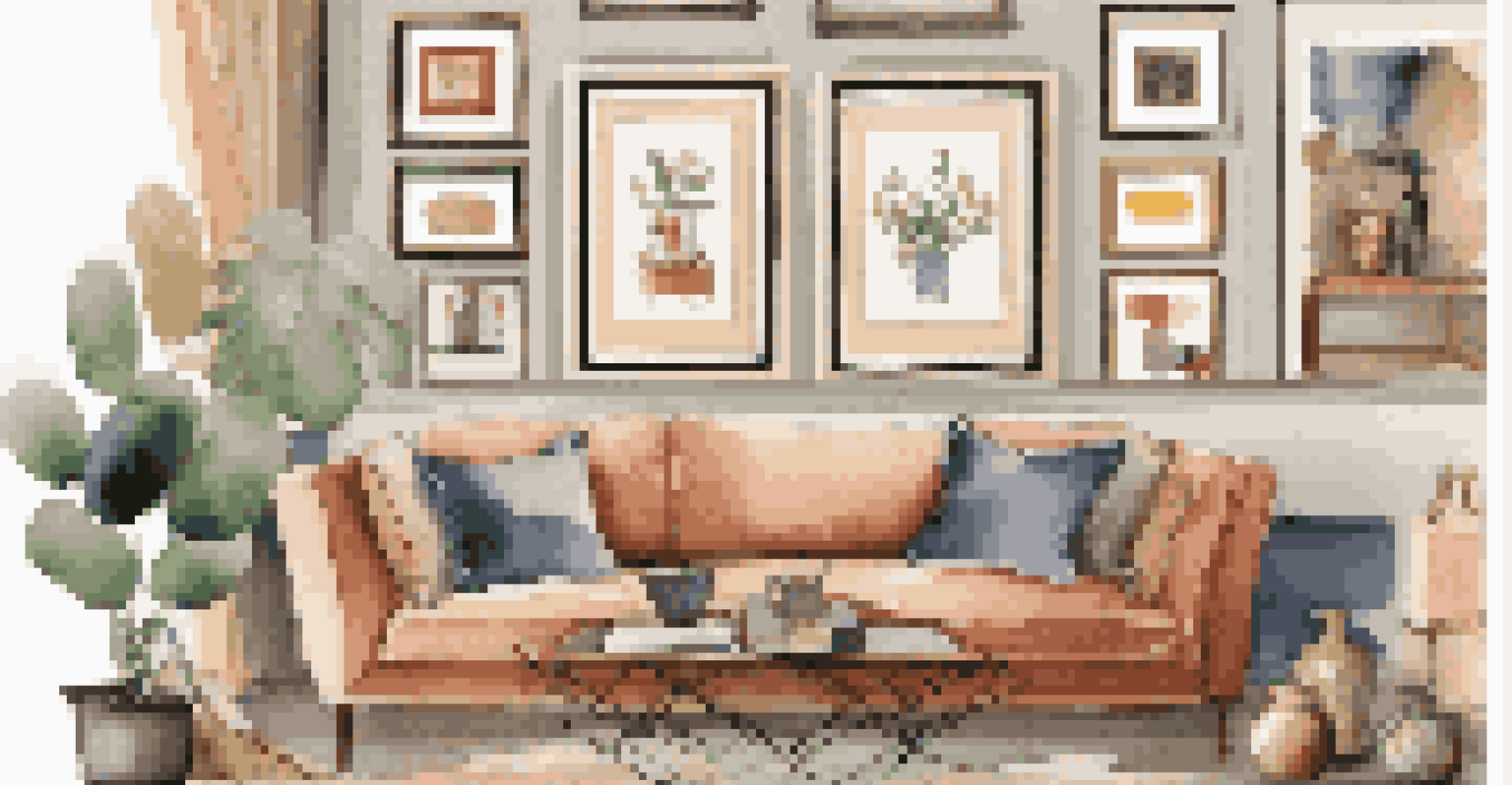 A cozy living room corner featuring an eclectic art wall with modern and vintage art pieces, complemented by a comfortable armchair.