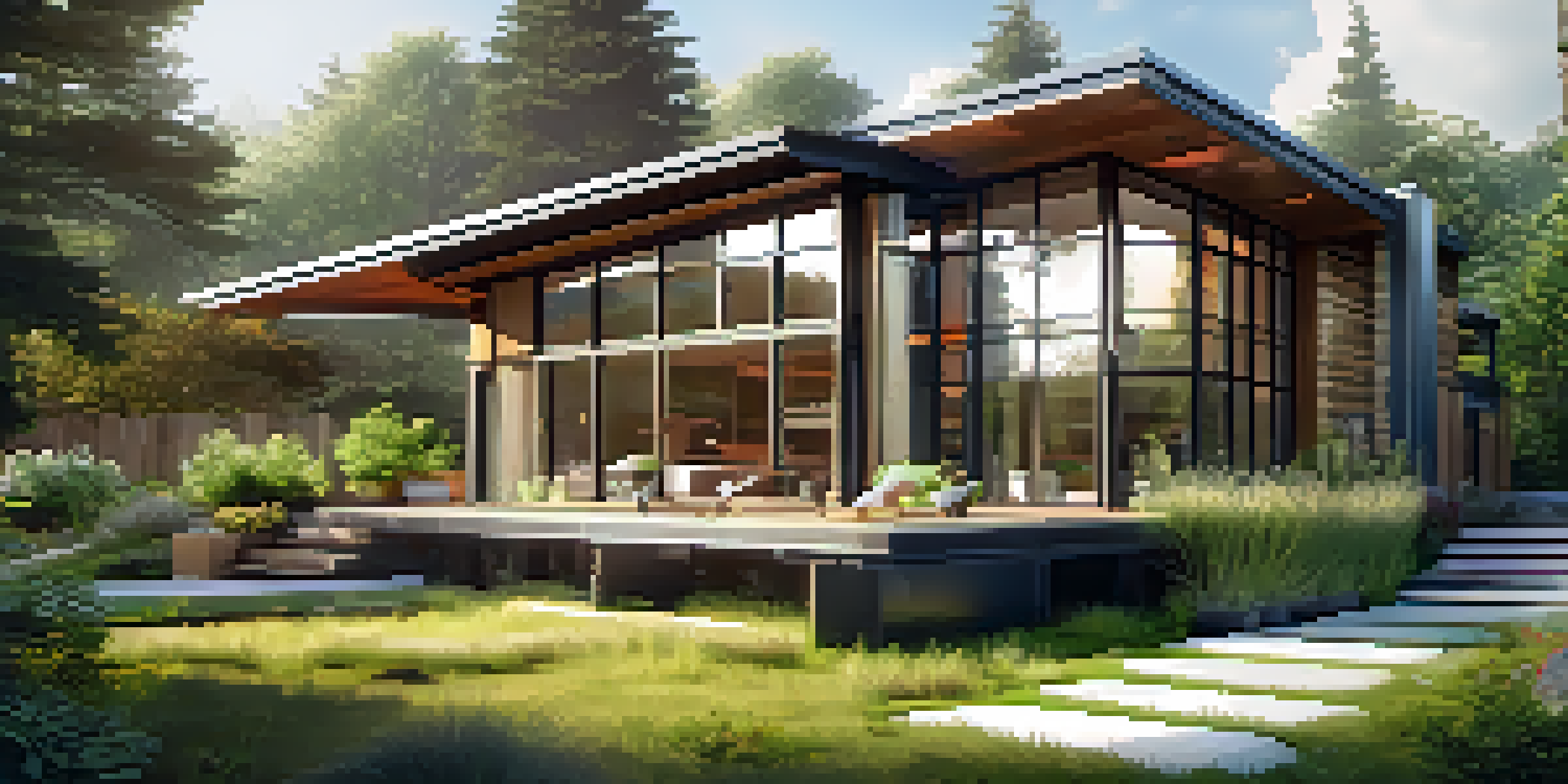 A modern eco-friendly home with solar panels and a green roof, surrounded by greenery.