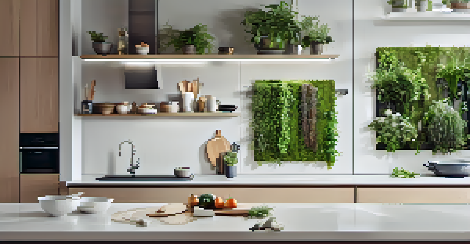 A modern kitchen with wall-mounted hooks for utensils and a vertical garden of herbs in planters, illuminated by natural light.