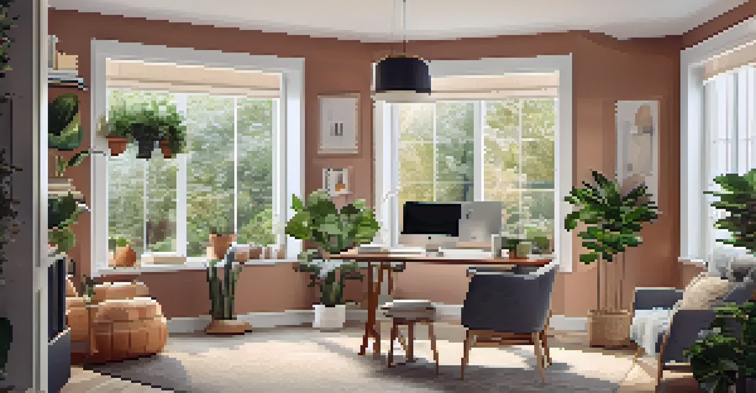 A modern home office within a family living space, showcasing a stylish desk and cozy atmosphere.