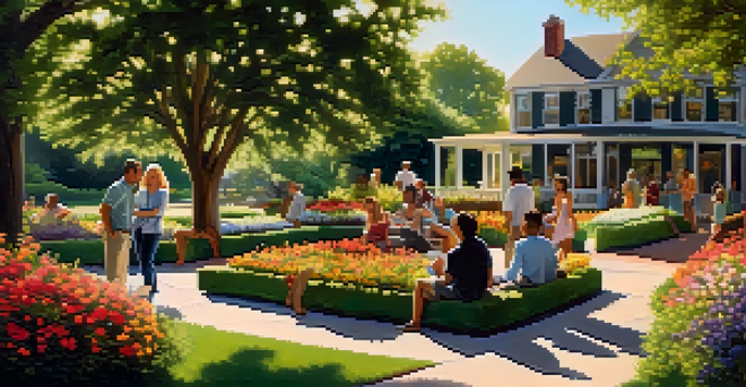 A diverse group of people discussing real estate in a lush garden setting, with sunlight filtering through the trees.