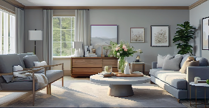 A modern living room filled with natural light, featuring gray furniture and warm wooden accents, with a cozy throw blanket on the sofa and fresh flowers on the coffee table.