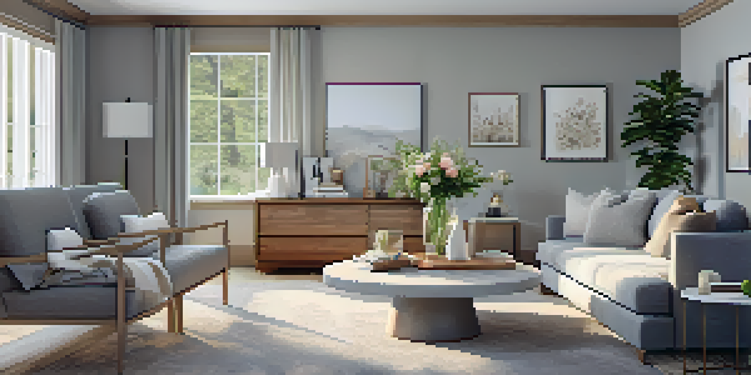 A modern living room filled with natural light, featuring gray furniture and warm wooden accents, with a cozy throw blanket on the sofa and fresh flowers on the coffee table.