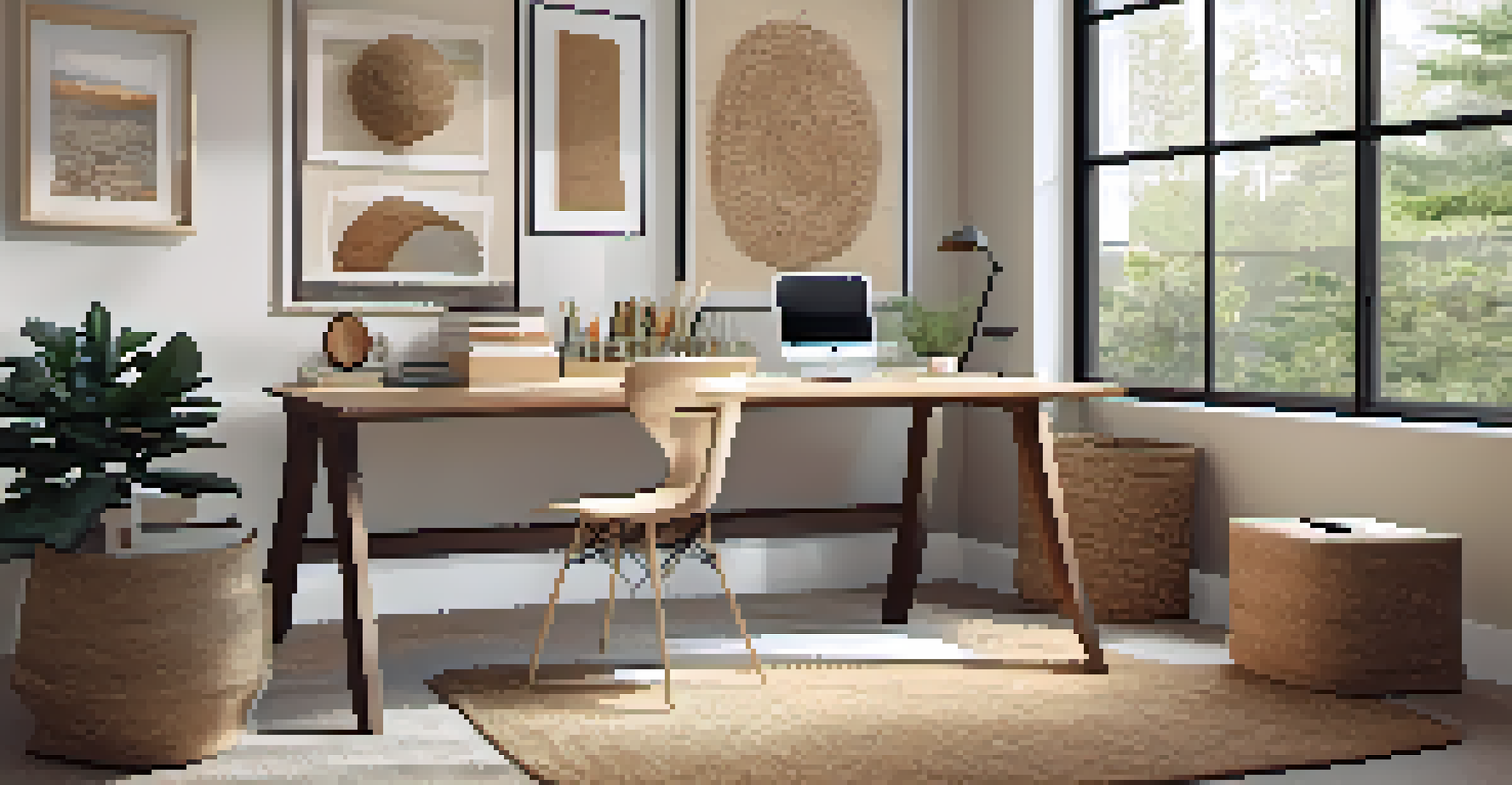 A beautifully decorated workspace with sustainable décor, including a wool rug, jute baskets, and natural light from a large window.