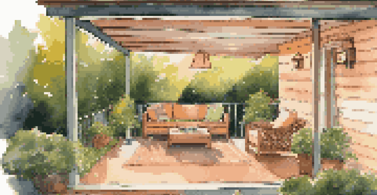 An outdoor patio with a security camera, surrounded by greenery and cozy furniture, set against a warm evening sky.