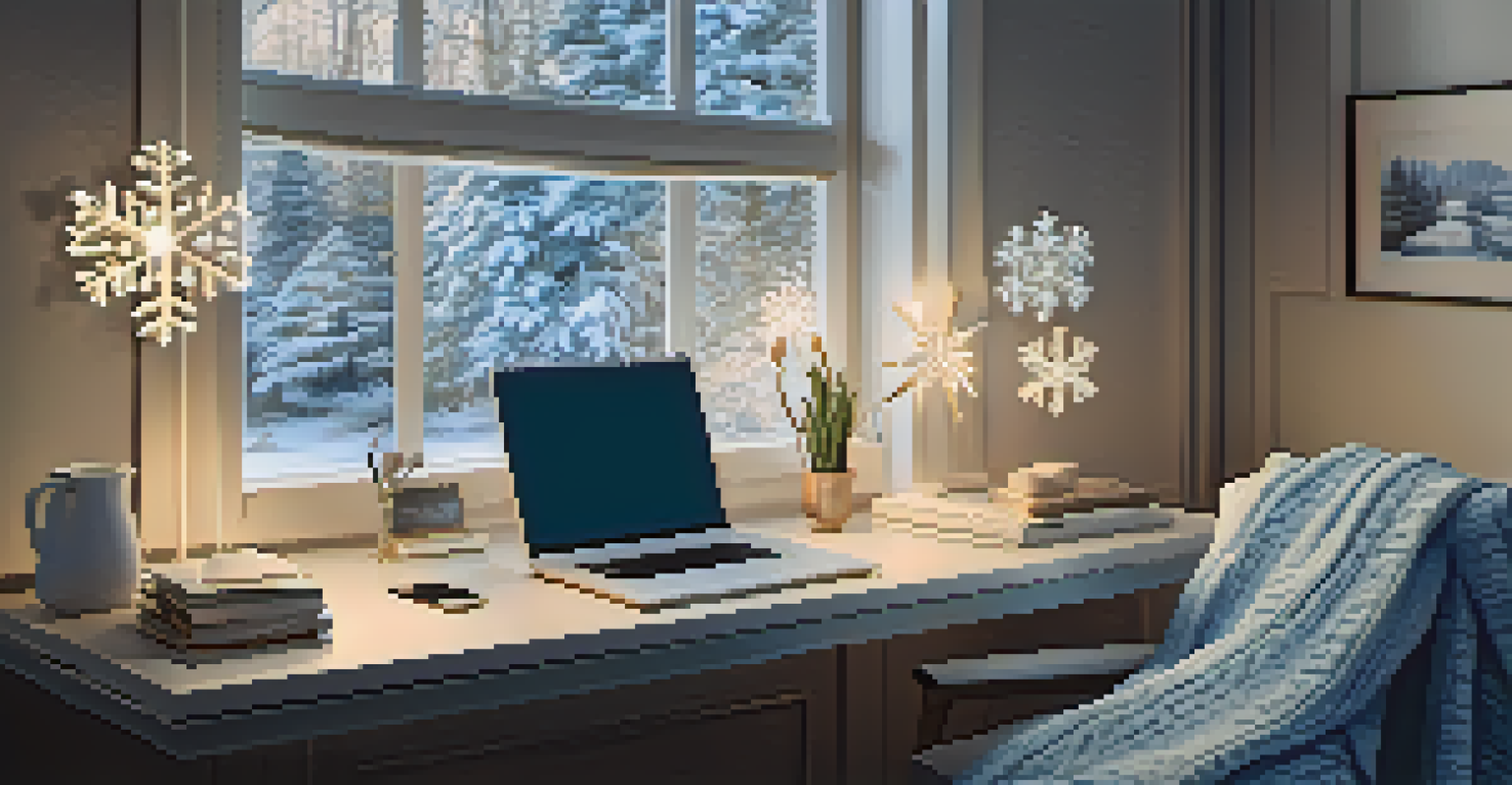 A serene winter-themed home office with cool colors and a snowflake lamp.