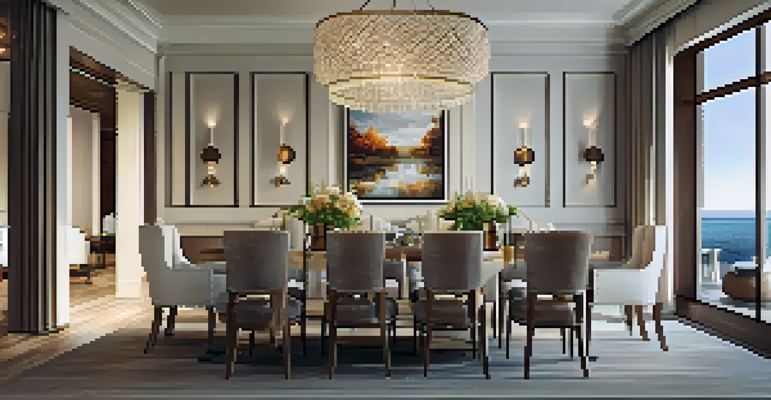 A dining area with a large wooden table and upholstered chairs, illuminated by elegant chandeliers and accent lights.