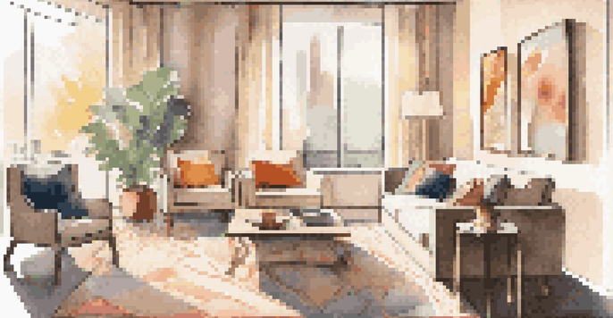 A cozy renovated living room with modern furniture, natural light, and vibrant decor.