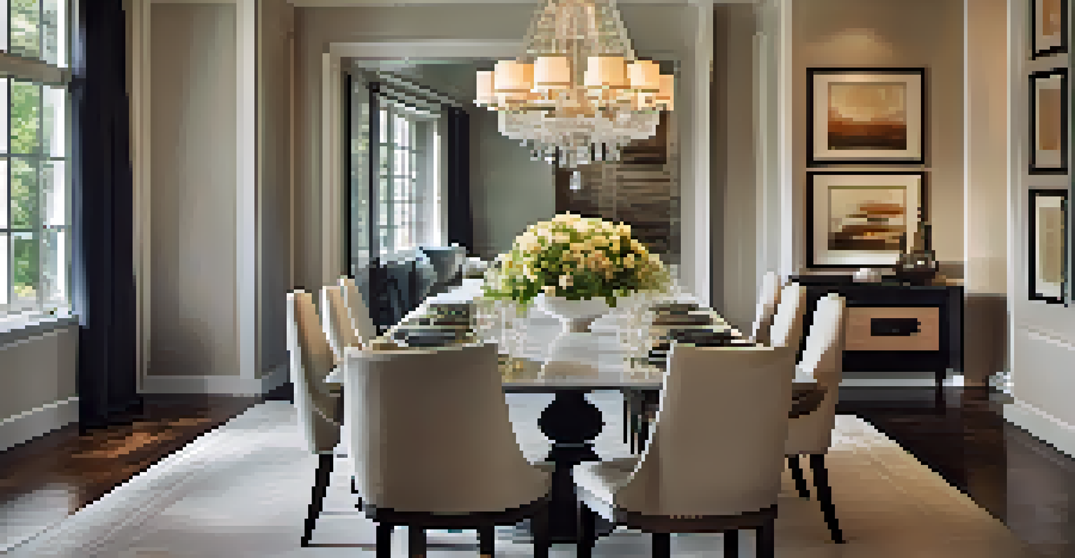 A modern dining room featuring a wooden dining table set with fine china and fresh flowers, illuminated by soft chandelier lighting.