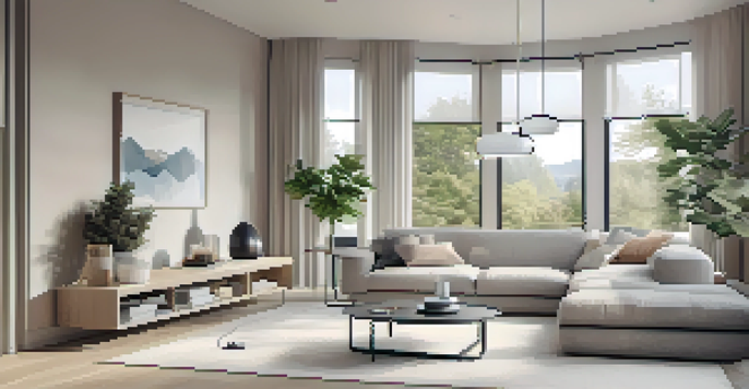 A modern living room showcasing smart home technology with a smart thermostat, LED lights, and a smart speaker, characterized by minimalist decor and natural lighting.